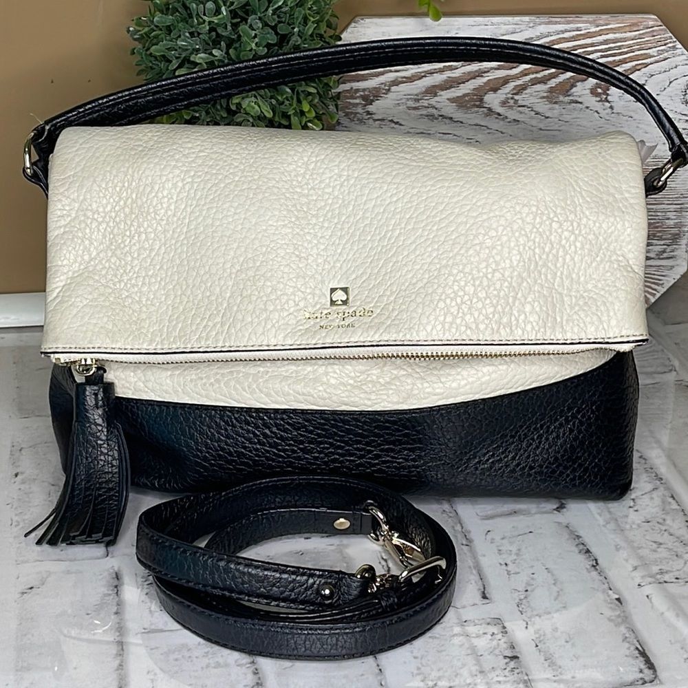 kate spade Two-Tone Black and Cream Leather Foldover Crossbody Bag